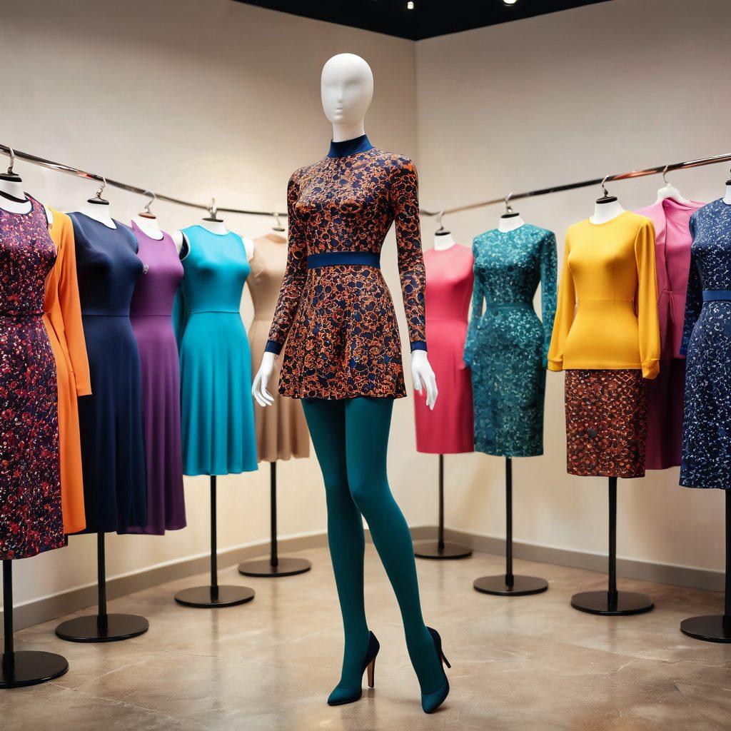 A chic, modern display of various trendy nylon legwear, showcasing vibrant patterns and colors, elegantly arranged on a stylish mannequin. The background features a trendy boutique with soft lighting and minimalistic decor, highlighting the legwear's versatility for different occasions. Include a fashion-forward person in the foreground trying on a pair, radiating confidence and elegance. super-realistic. vibrant colors. soft focus.