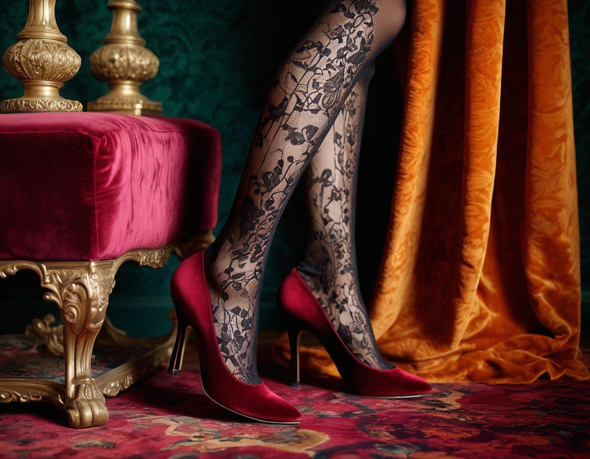 A close-up shot of luxurious, elegantly designed hosiery displayed on a plush velvet background, featuring intricate lace patterns and rich, vibrant colors. Include soft, diffused lighting to enhance the texture and comfort aspect, with a fashionable high-heeled shoe elegantly placed beside the hosiery. Emphasize a backdrop that suggests elegance, perhaps with hints of opulent furnishings. super-realistic. vibrant colors. soft focus.